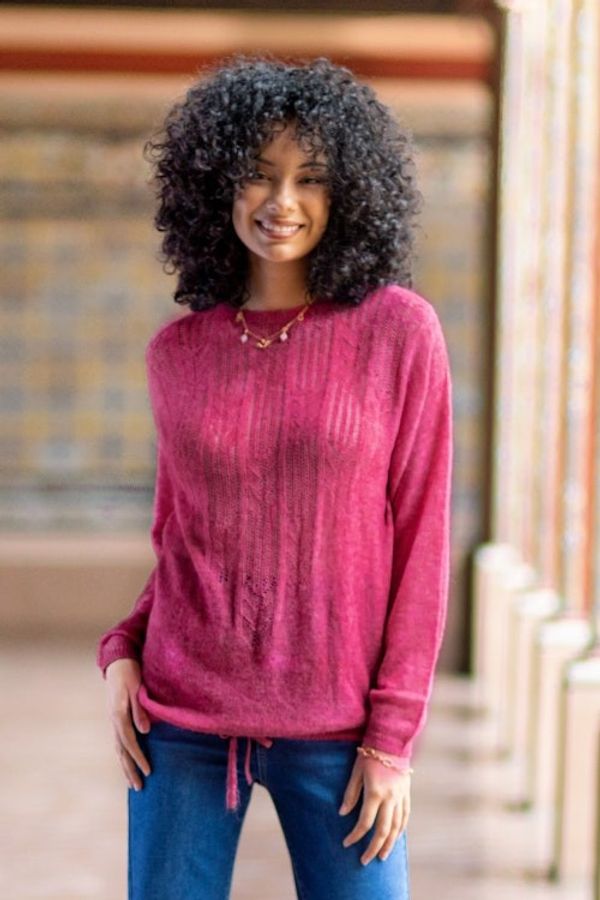 Alternate image for Warm Deep Pink Alpaca Blend Pullover Sweater from Peru Fuchsia Rose