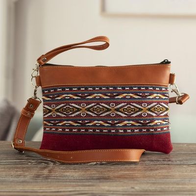 Alternate image for Brown Leather and Handwoven Cloth Clutch and Shoulder Bag Cusco Geometry