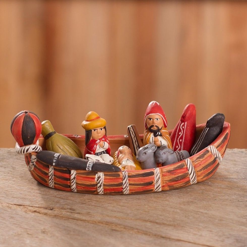Peruvian Nativity Scene Ceramic Sculpture 'Born in a Canoe'