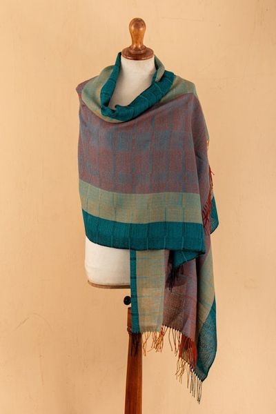 Alternate image for Hand-Woven Striped Fringed 100 Baby Alpaca Shawl from Peru Watercolors