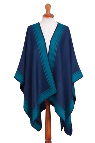 Alternate image for Reversible Alpaca Blend Ruana in Navy and Teal Delightful Fantasy in Teal