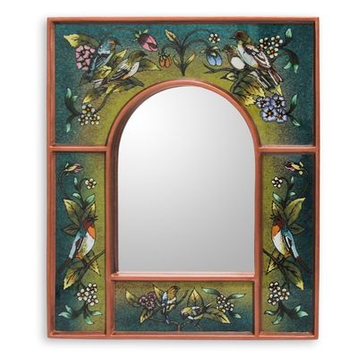 Alternate image for Teal Reverse Painted Glass Wall Mirror with Birds Songbirds on Teal