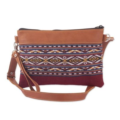 Alternate image for Brown Leather and Handwoven Cloth Clutch and Shoulder Bag Cusco Geometry