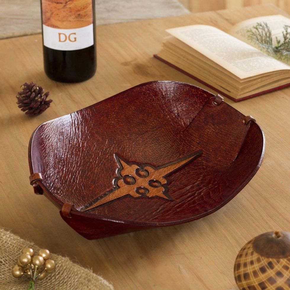 Cross Pattern Leather Catchall from Peru 'Gothic Elegance'