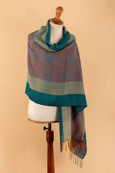 Alternate image for Hand-Woven Striped Fringed 100 Baby Alpaca Shawl from Peru Watercolors