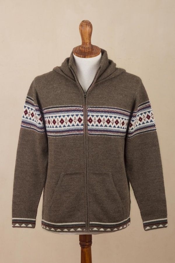 Alternate image for Mens 100 Alpaca Brown Geometric Hoodie Jacket from Peru Aventura
