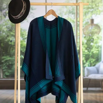 Alternate image for Reversible Alpaca Blend Ruana in Navy and Teal Delightful Fantasy in Teal