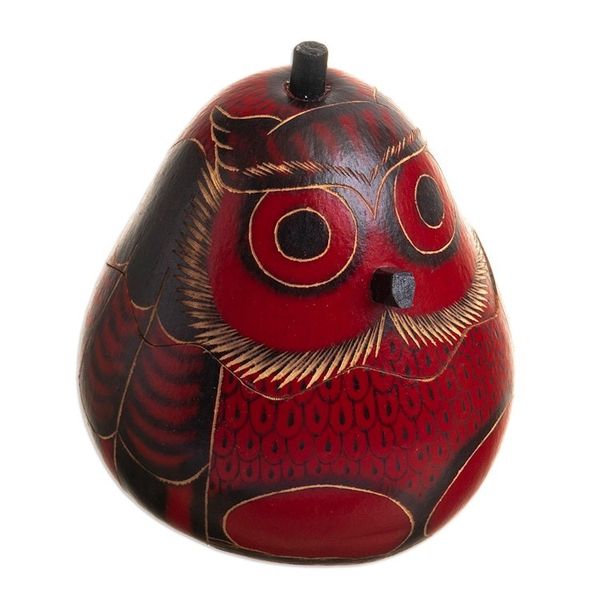 Alternate image for Dried Mate Gourd Box Painted in an Owl Motif from Peru Paunchy Red Owl