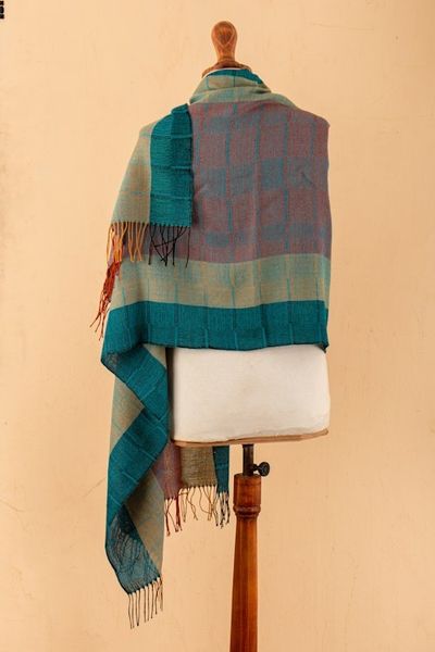 Alternate image for Hand-Woven Striped Fringed 100 Baby Alpaca Shawl from Peru Watercolors