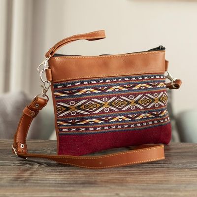 Alternate image for Brown Leather and Handwoven Cloth Clutch and Shoulder Bag Cusco Geometry
