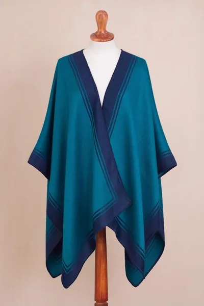 Alternate image for Reversible Alpaca Blend Ruana in Navy and Teal Delightful Fantasy in Teal