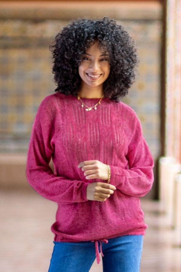 Alternate image for Warm Deep Pink Alpaca Blend Pullover Sweater from Peru Fuchsia Rose