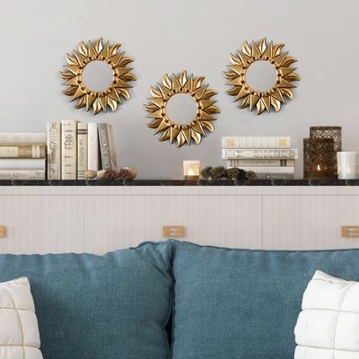 Alternate image for Antiqued Round Bronze Gilded Wood Wall Mirror with Sun Motif Bright Sun
