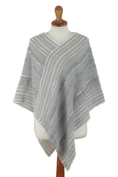 Alternate image for Handwoven Baby Alpaca Blend V-Neck Poncho from Peru Grey Softness