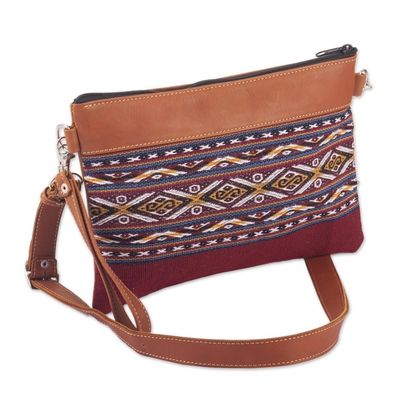 Alternate image for Brown Leather and Handwoven Cloth Clutch and Shoulder Bag Cusco Geometry