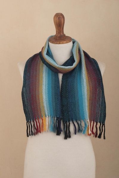 Alternate image for Hand Woven 100 Alpaca Wool Scarf in Rainbow Colors Pastoruri Rainbow