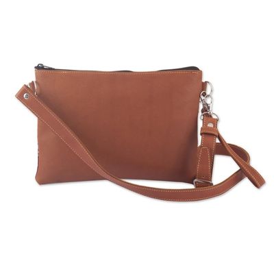 Alternate image for Brown Leather and Handwoven Cloth Clutch and Shoulder Bag Cusco Geometry