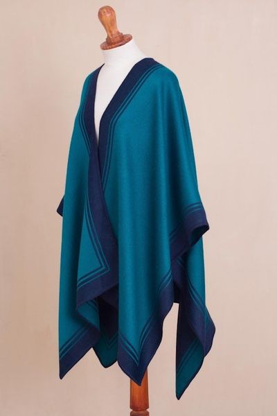 Alternate image for Reversible Alpaca Blend Ruana in Navy and Teal Delightful Fantasy in Teal