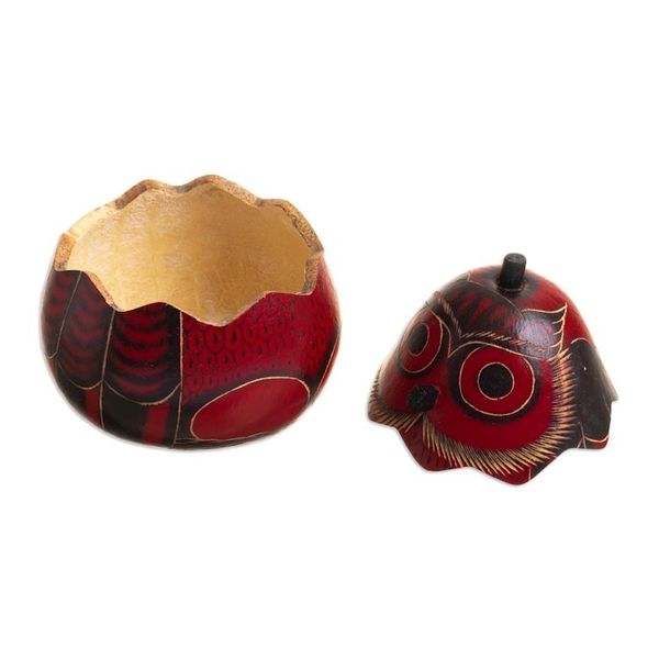 Alternate image for Dried Mate Gourd Box Painted in an Owl Motif from Peru Paunchy Red Owl