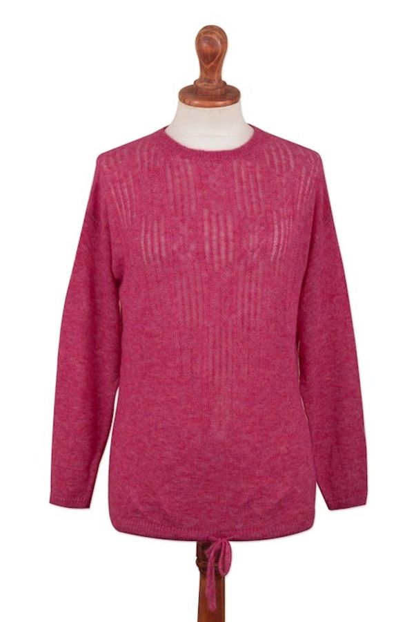 Alternate image for Warm Deep Pink Alpaca Blend Pullover Sweater from Peru Fuchsia Rose