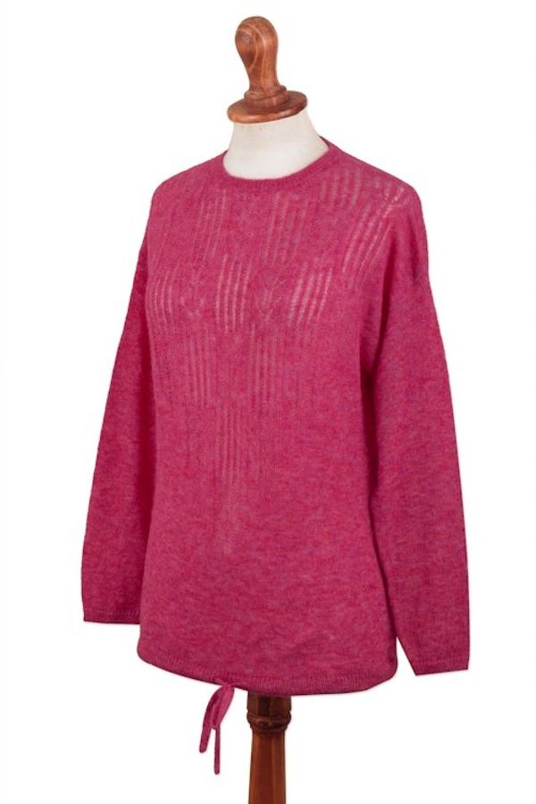 Alternate image for Warm Deep Pink Alpaca Blend Pullover Sweater from Peru Fuchsia Rose