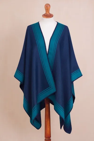 Alternate image for Reversible Alpaca Blend Ruana in Navy and Teal Delightful Fantasy in Teal