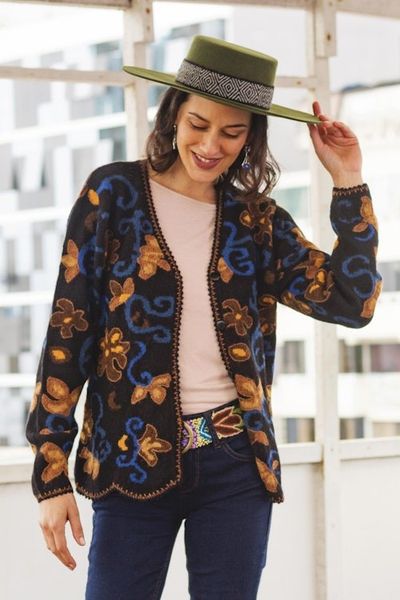 Alternate image for 100 Alpaca Black Cardigan Sweater with Floral Motif Evensong Bloom