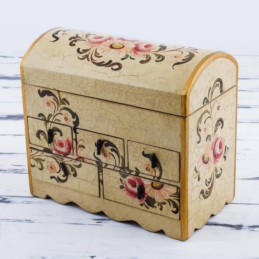 Handcrafted Wood Mini Chest of Drawers 'Rose Bouquet'