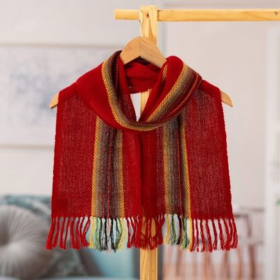 Alternate image for Hand-Woven 100 Alpaca Scarf in Red Orange Yellow  Green Pomegranate