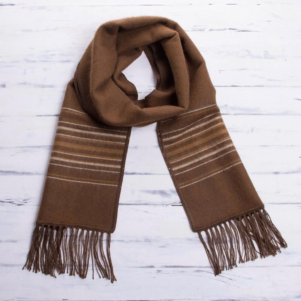 Men's Artisan Crafted Woven Brown Alpaca Blend Scarf 'Andean Clouds in Brown'