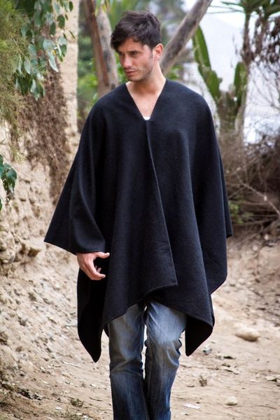Alternate image for Peruvian Poncho for Men in Warm Alpaca Blend Inca Explorer in Black