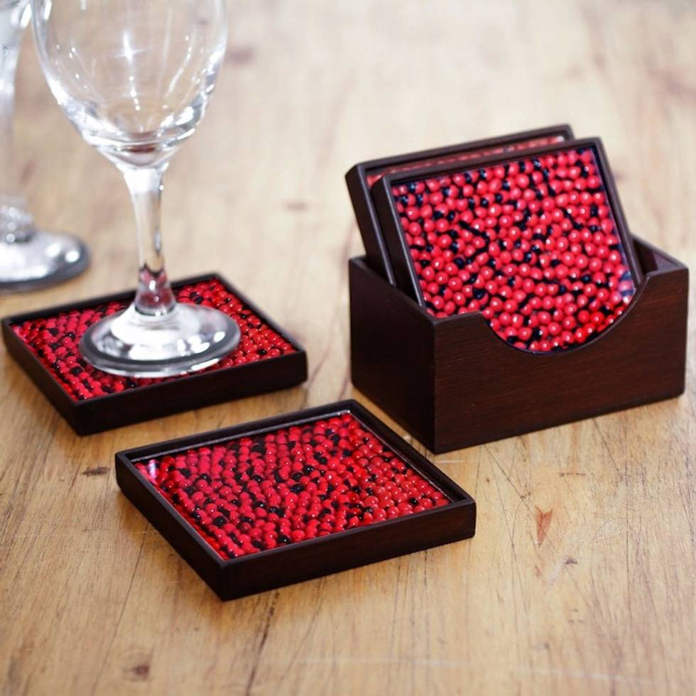 Peruvian Handcrafted Wood and Glass Coasters Set of 4 'From the Jungle, its Fruit'
