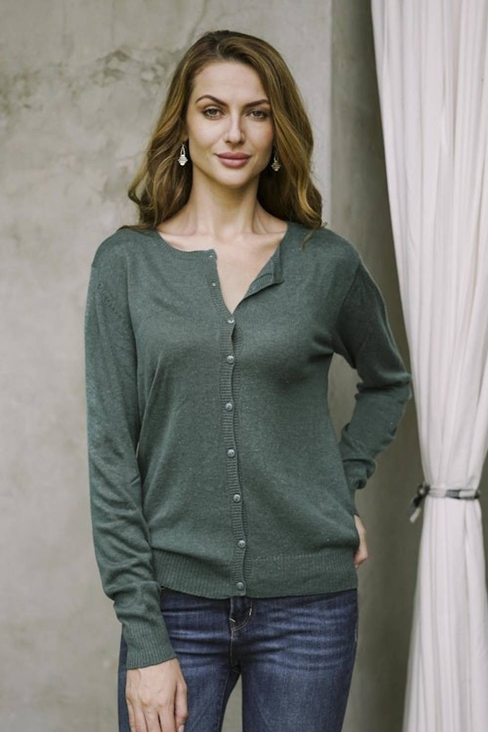 Cotton Blend Green Cardigan Sweater from Peru 'Simple Style in Jade'