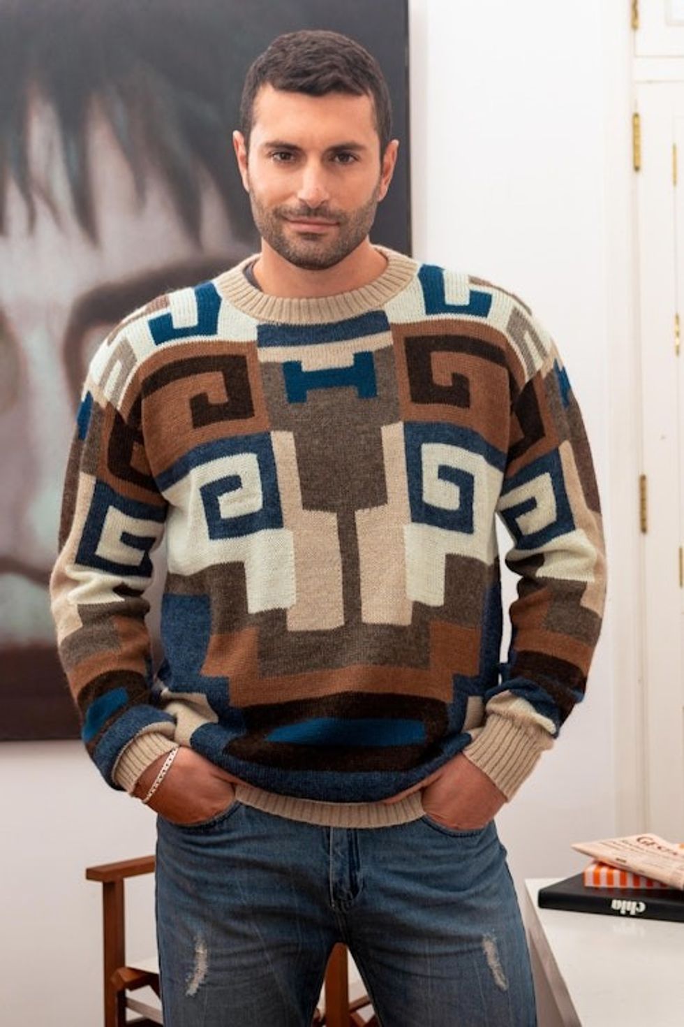 Intarsia Knit Alpaca Wool Men's Sweater 'Chavin Geometry'