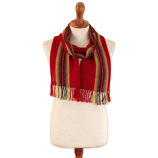 Alternate image for Hand-Woven 100 Alpaca Scarf in Red Orange Yellow  Green Pomegranate
