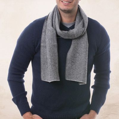 Alternate image for Handwoven Grey Herringbone 100 Alpaca Scarf for Men Grey Herringbone