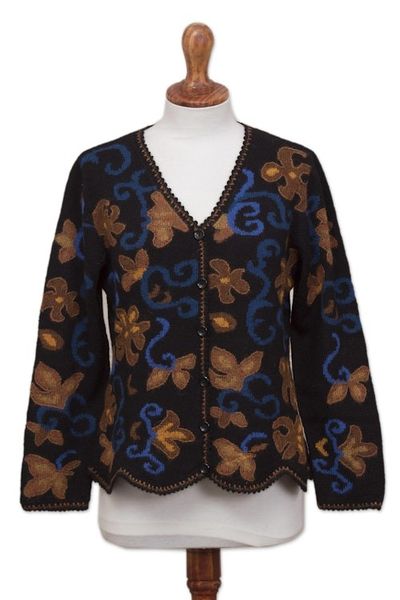 Alternate image for 100 Alpaca Black Cardigan Sweater with Floral Motif Evensong Bloom