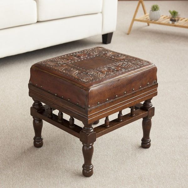 Alternate image for Artisan Crafted Wood and Leather Square Stool from Peru Birds Among the Vines