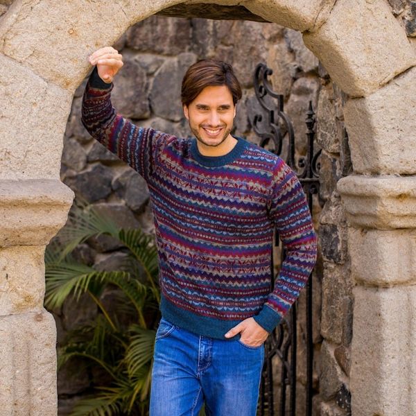 Alternate image for Patterned Blue and Burgundy Alpaca Mens Knit Sweater Colca Canyon