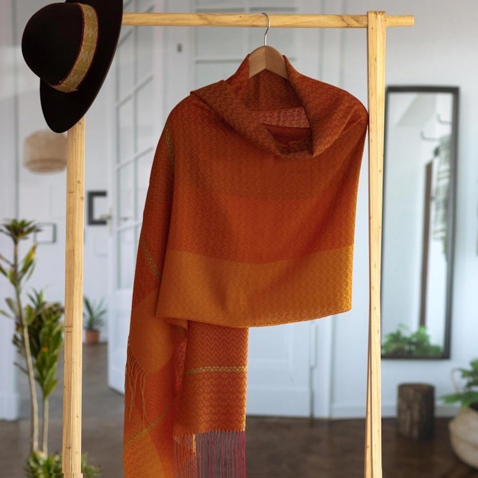 Hand Woven Orange Alpaca Blend Shawl from Peru 'Glorious Warmth'