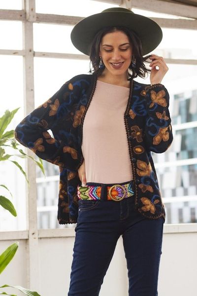 Alternate image for 100 Alpaca Black Cardigan Sweater with Floral Motif Evensong Bloom