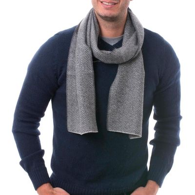 Alternate image for Handwoven Grey Herringbone 100 Alpaca Scarf for Men Grey Herringbone
