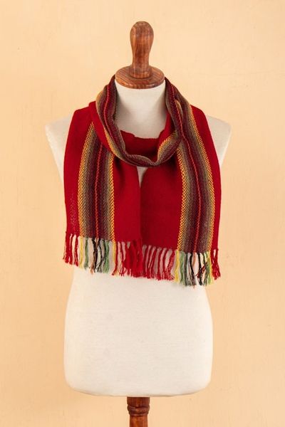 Alternate image for Hand-Woven 100 Alpaca Scarf in Red Orange Yellow  Green Pomegranate