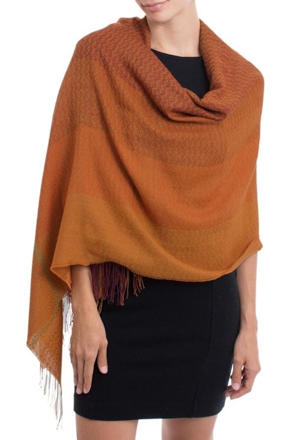 Alternate image for Hand Woven Orange Alpaca Blend Shawl from Peru Glorious Warmth