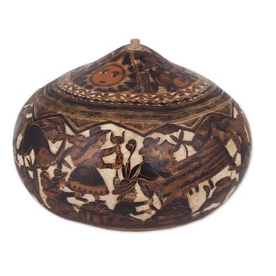 Alternate image for Hand-Carved Gourd Decorative Box with Andean Pastoral Scene Mantaro Valley
