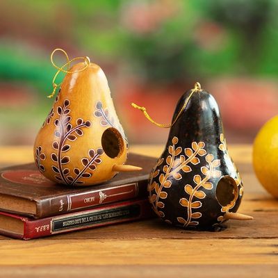 Alternate image for Set of 2 Leafy Painted Brown and Black Dried Gourd Ornaments Natural Homes