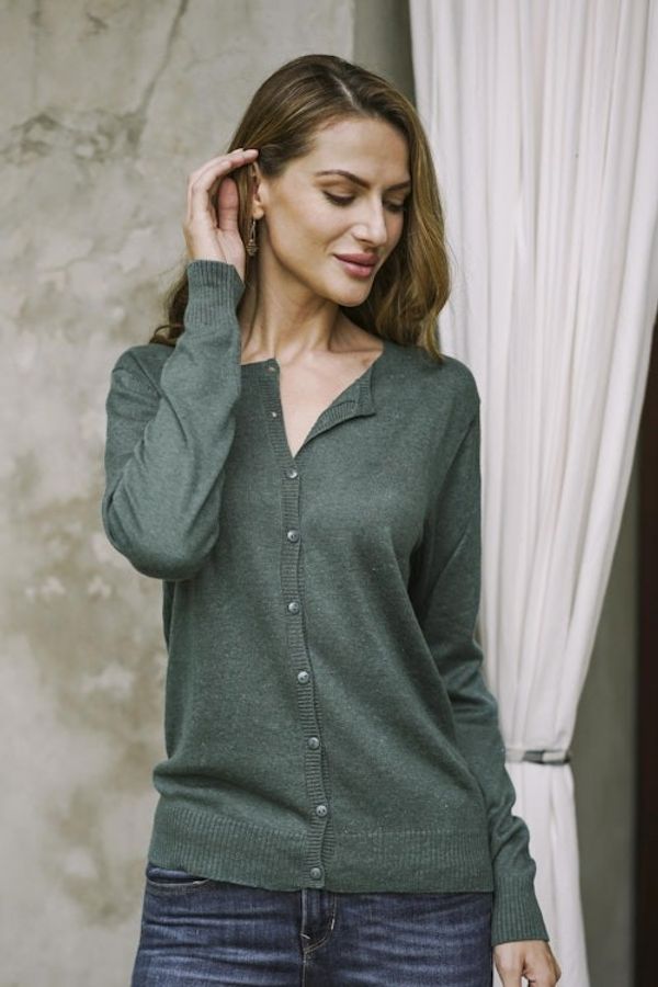 Alternate image for Cotton Blend Green Cardigan Sweater from Peru Simple Style in Jade