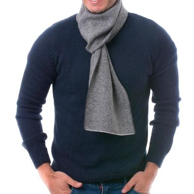 Alternate image for Handwoven Grey Herringbone 100 Alpaca Scarf for Men Grey Herringbone