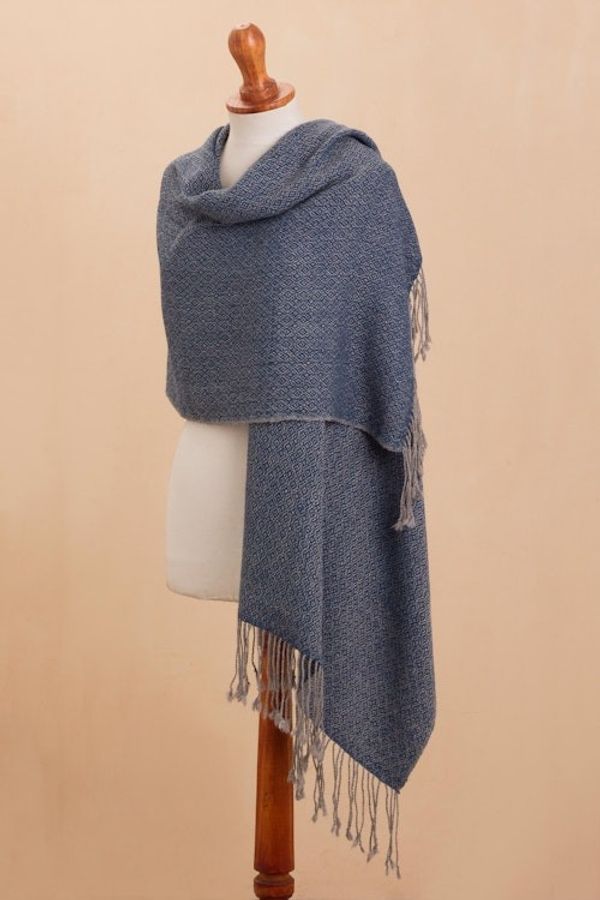 Alternate image for Geometric 100 Alpaca Shawl Woven in Peru Elegant Girl