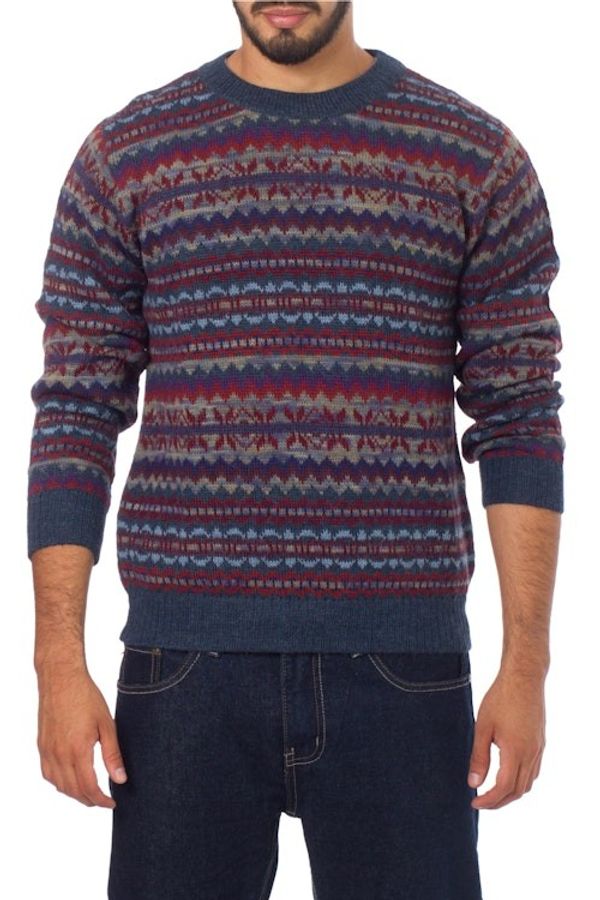 Alternate image for Patterned Blue and Burgundy Alpaca Mens Knit Sweater Colca Canyon